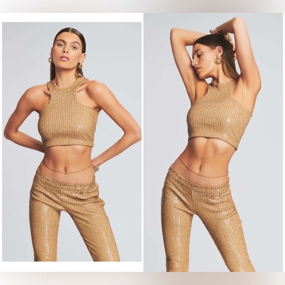 New! Retrofete Audra Gold Sequin Knit Cropped Racer back Tank Top ✨ Small